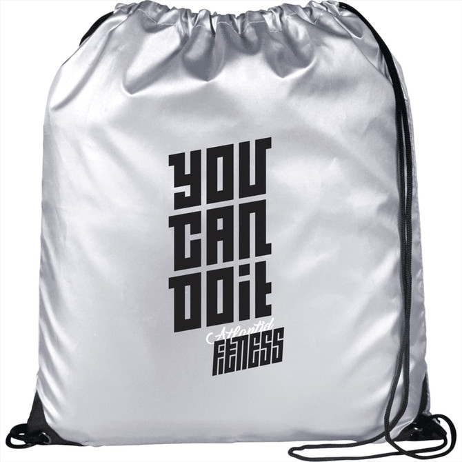 A reflective silver drawstring bag featuring a black logo and text design. Ideal for carrying small items.