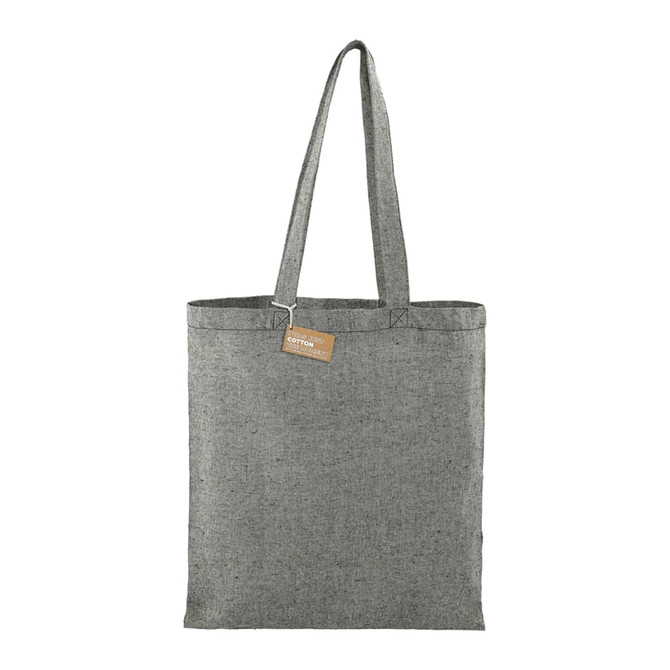 A grey recycled cotton twill tote bag with long handles and a hang tag, featuring a simple design.