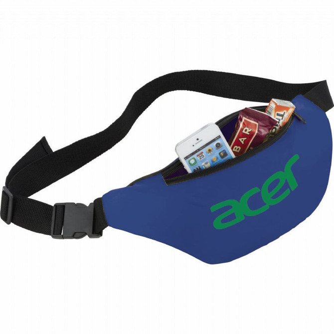 A blue fanny pack with a logo, holding a phone and snacks inside a zippered compartment.