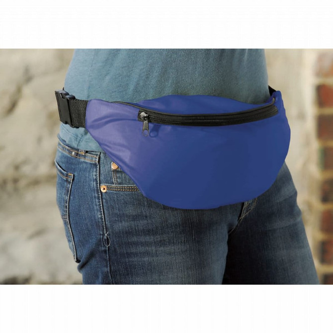 A blue hipster budget fanny pack worn around the waist, featuring a zippered pocket and a black adjustable strap.