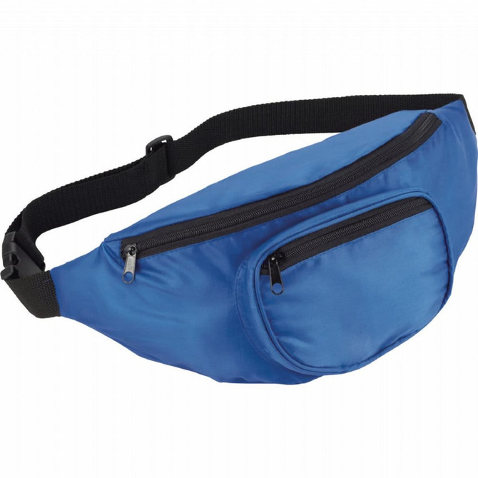 A blue fanny pack with two zippered pockets and an adjustable strap. It features a logo on the front.