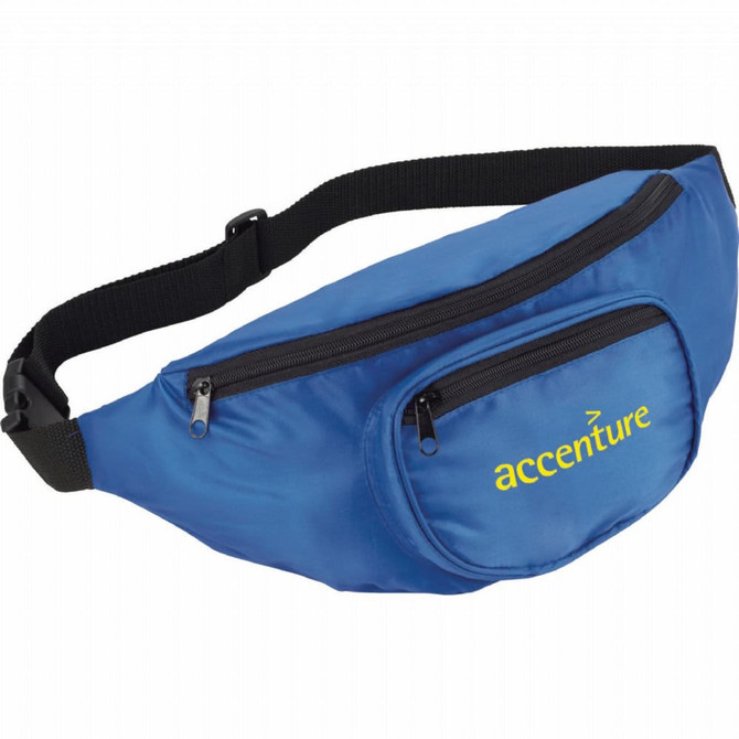 A blue fanny pack with a main zippered compartment and a smaller front pocket, featuring a logo.