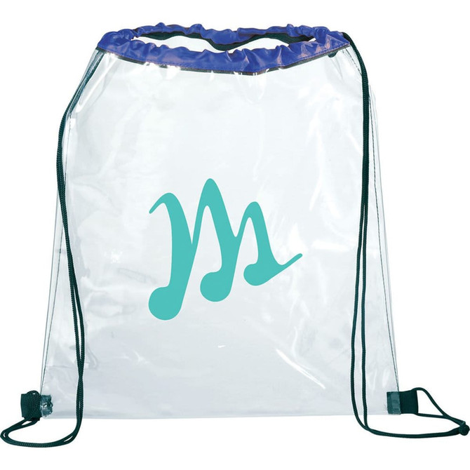 A clear drawstring sportspack in transparent material with purple accents and a teal logo.