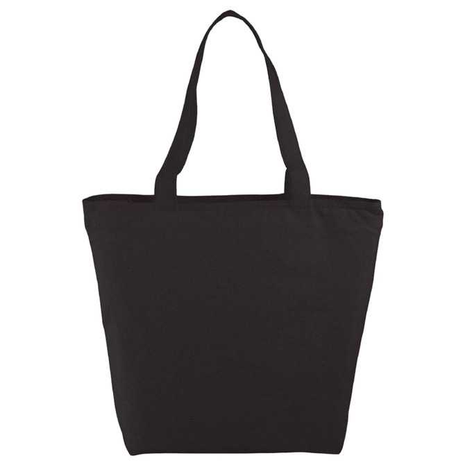 A black cotton tote bag with two shoulder straps and a zippered top, featuring a logo.