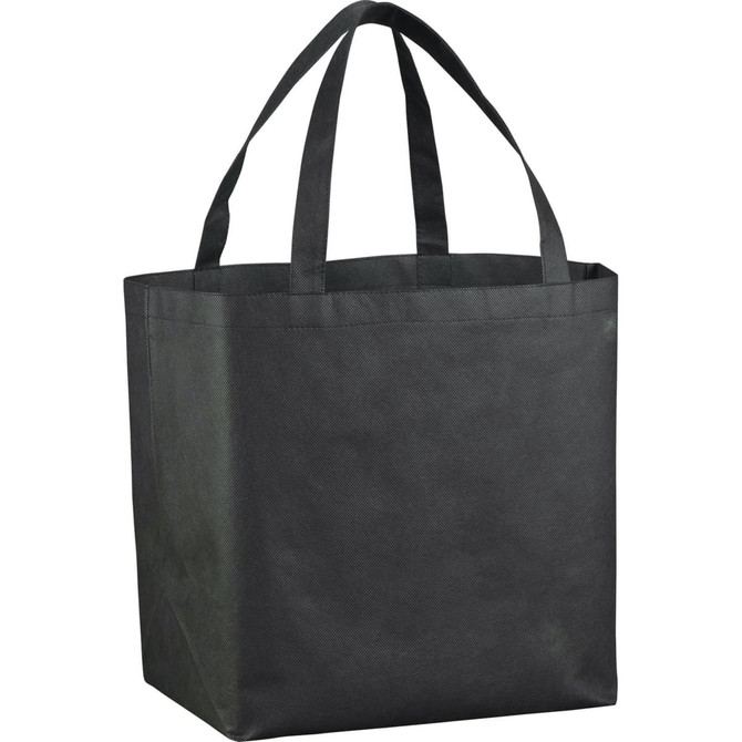 A black non-woven shopper tote bag with two sturdy handles and a spacious interior. It features branding.