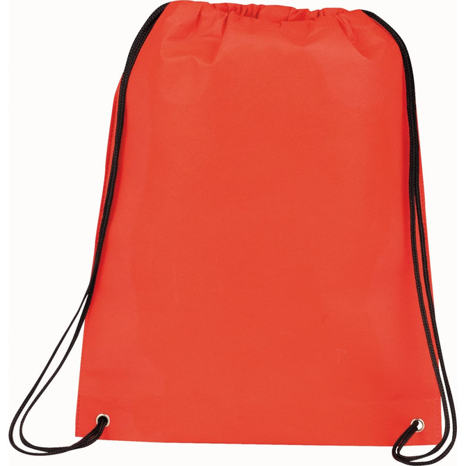 An orange drawstring sportspack with black cords and a logo.