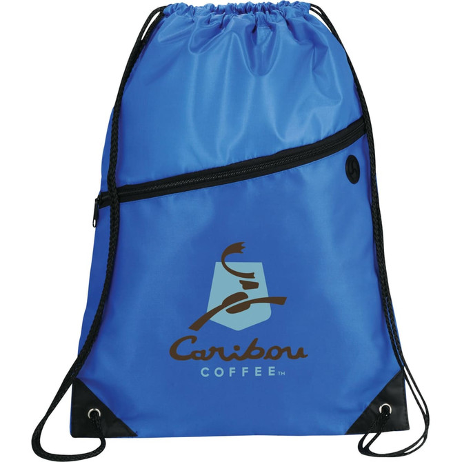 A blue drawstring sportspack with a decorative logo and a zippered pocket. Features black straps and corners.