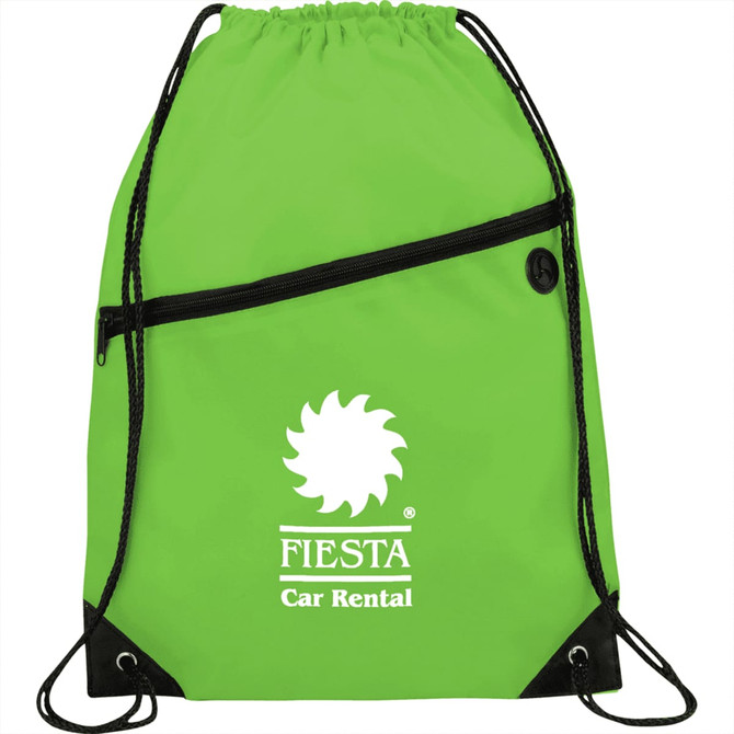 A bright green drawstring sportspack with a black zippered pocket and a logo. Features adjustable drawstrings.