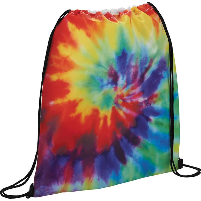 A tie-dye drawstring sportspack featuring vibrant colours of red, yellow, blue, green, and purple, with a black drawstring.