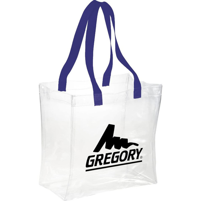 A clear tote bag with navy straps and a logo displayed on the front. Perfect for events and stadium use.