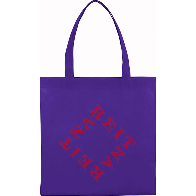 A purple non-woven tote bag with long handles and a logo printed on one side.