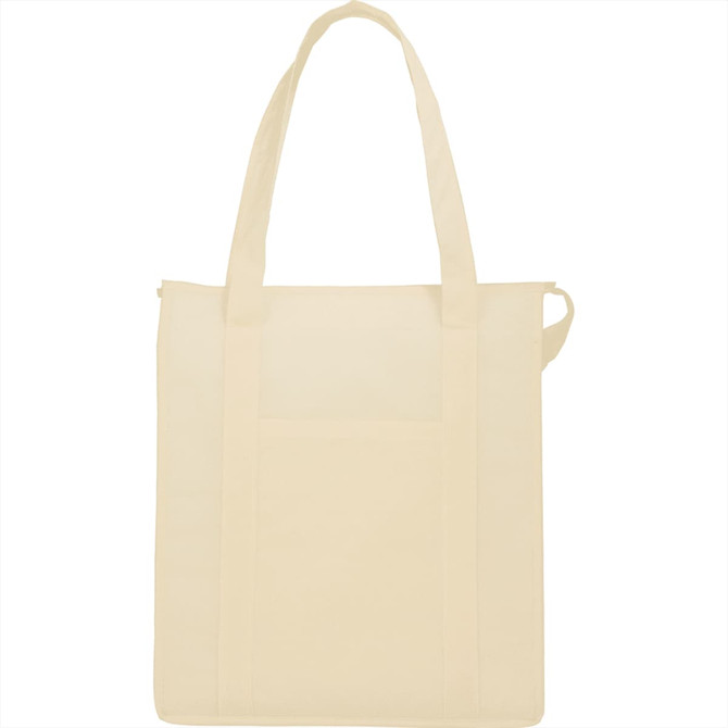 A cream-coloured insulated grocery tote bag with two shoulder straps and a front pocket. Features a logo.