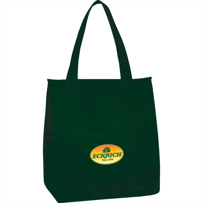 A dark green insulated grocery tote with two handles and a logo on the front.