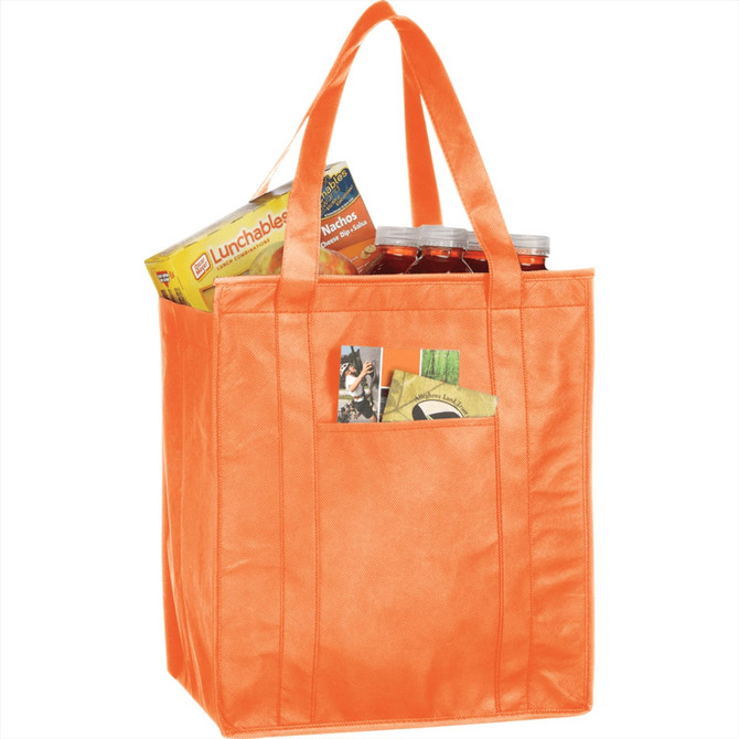An orange insulated grocery tote filled with snacks and drinks, featuring a front pocket. It has a logo visible.