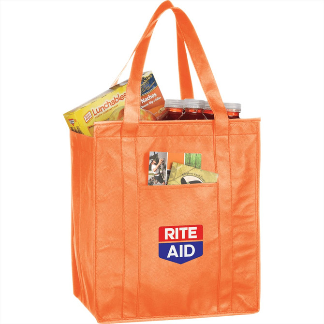 An orange insulated grocery tote filled with snacks and drinks, featuring a logo on the front.