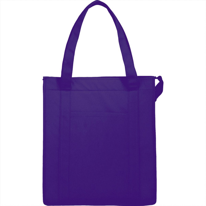 A purple insulated grocery tote with two handles and a front pocket. It features branding on the side.