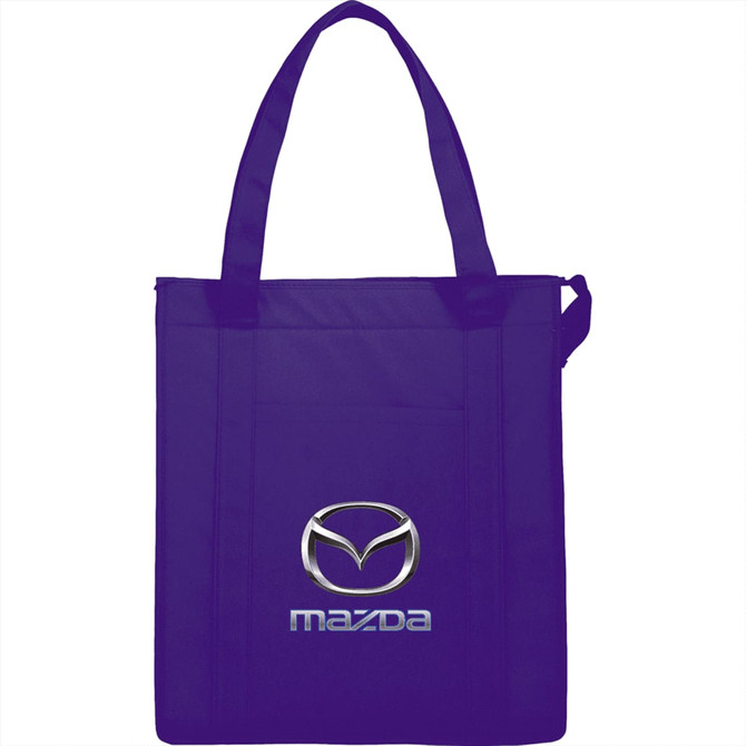 A purple insulated grocery tote bag with a logo on the front and sturdy handles.