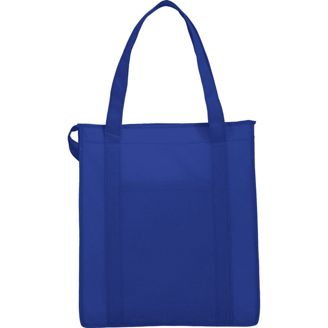 A blue insulated grocery tote bag with two handles and a front pocket. It features a logo.