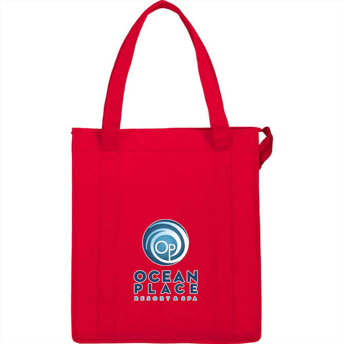 A red insulated grocery tote bag with a logo on the front. Features two shoulder straps for carrying.