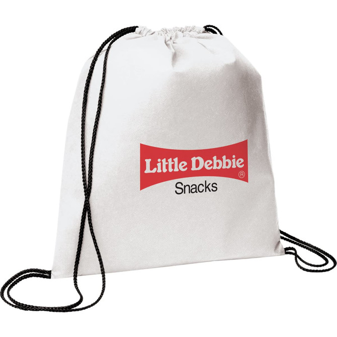 A white non-woven drawstring sportpack with black straps, featuring a logo on the front.