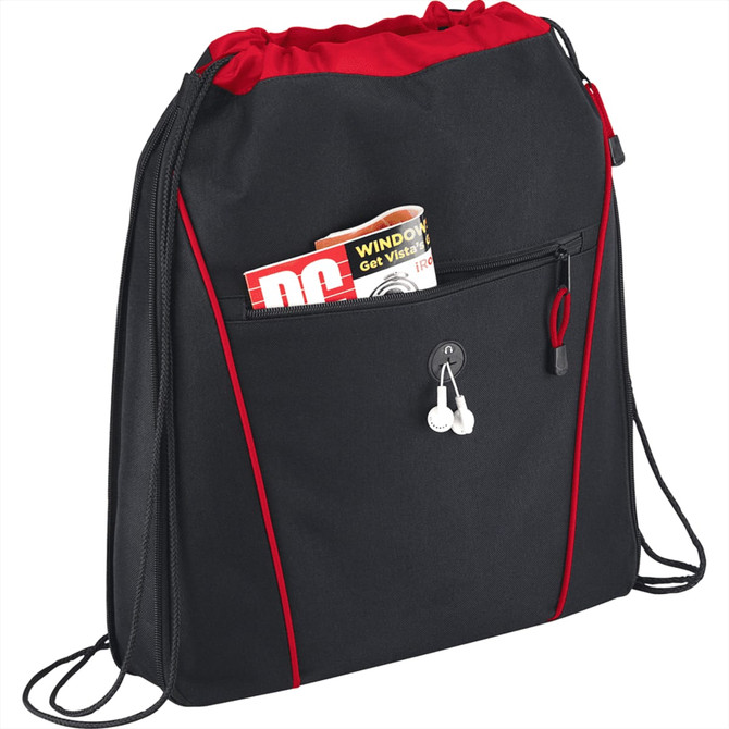 A black drawstring bag with red accents and a front pocket containing magazines and earphones.