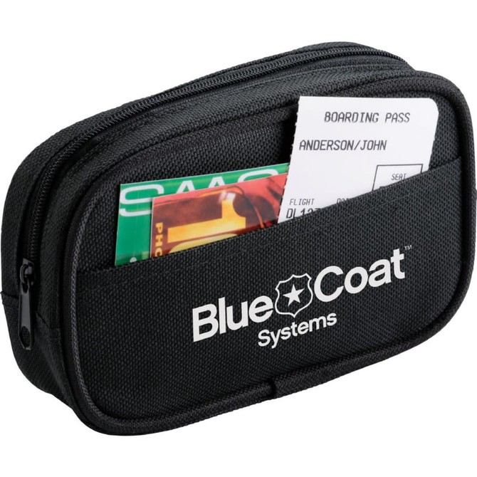 A black toiletry bag featuring a front pocket for cards and a logo. Ideal for travel essentials.