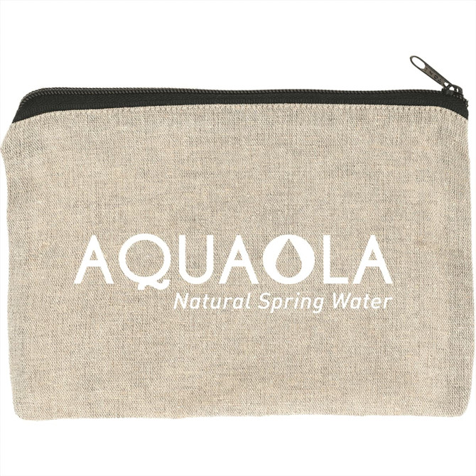 A recycled cotton twill pouch in a natural beige colour with a zipper and a logo on the front.