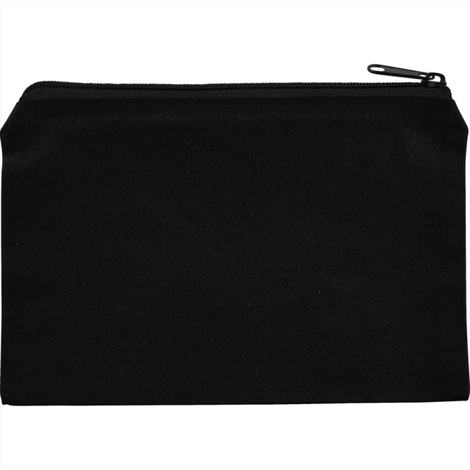 A black cotton travel pouch with a zip closure and a smooth surface, featuring a logo.