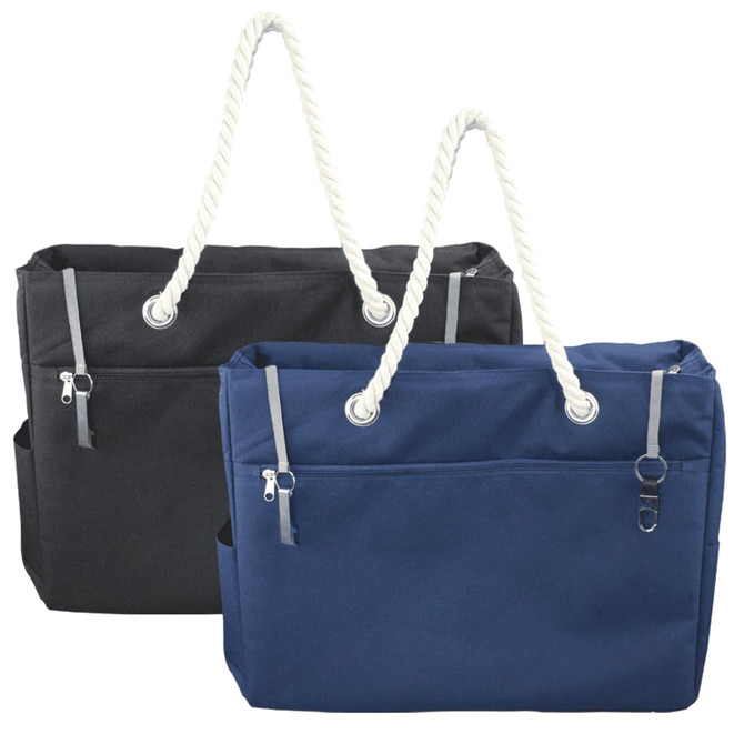 A waterproof beach bag featuring a navy blue and black design with rope handles and zippered pockets.