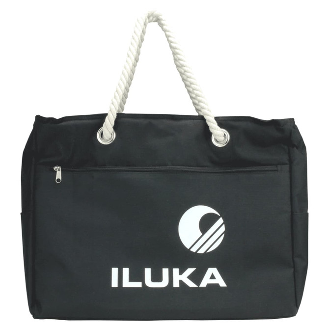 A black waterproof beach bag with a rope handle and a zip pocket, featuring a logo on the front.