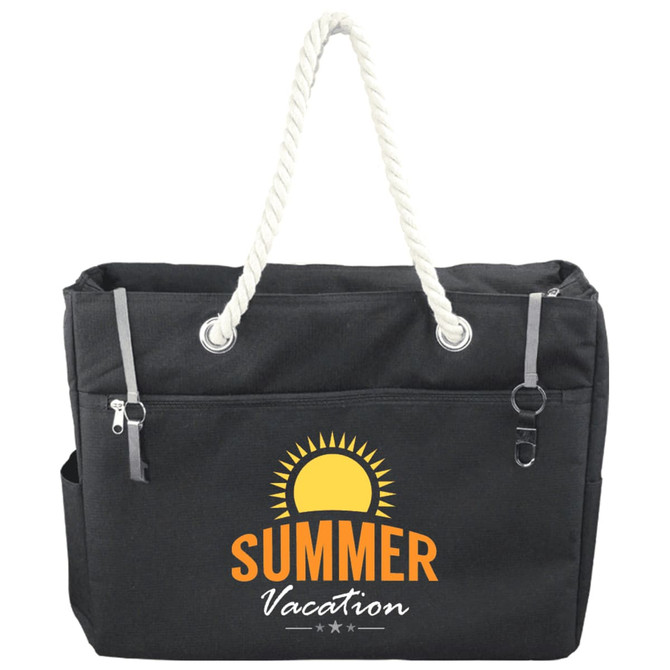 A black waterproof beach bag with a rope handle and a sun graphic, featuring zipped and open pockets.