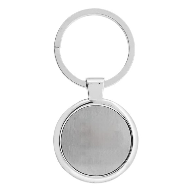 A silver Anello keychain featuring a circular design with a smooth, reflective surface and a metal ring.