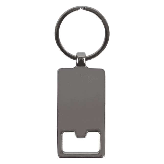 A silver rectangle keychain featuring a blank surface and a round attachment ring.