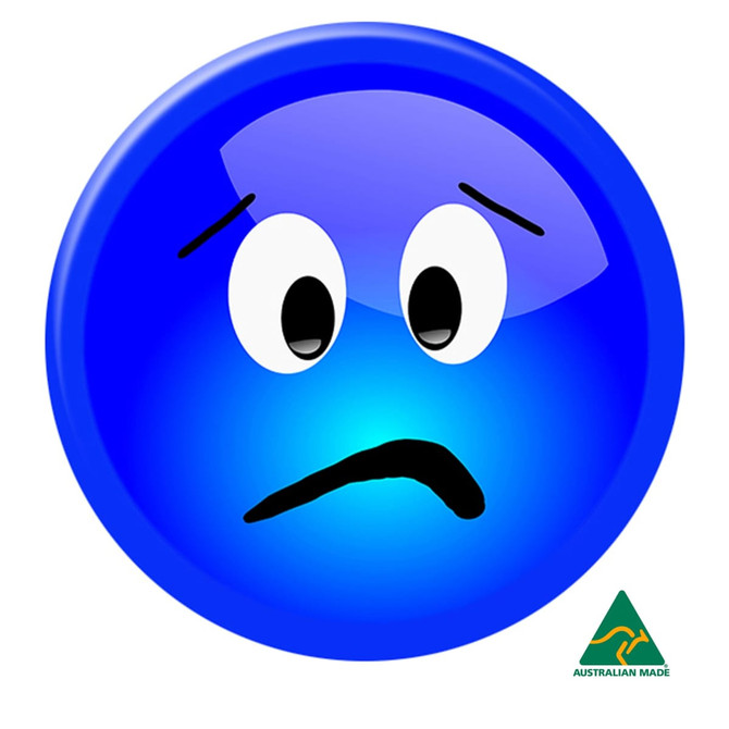 A blue button badge with a sad face design and a small logo in the corner.
