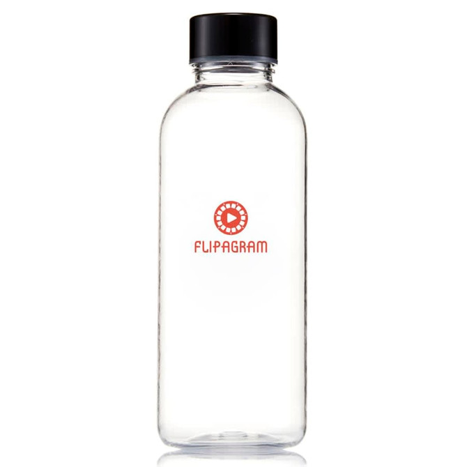 A drink bottle made of clear Tritan plastic with a black lid and a logo in red.