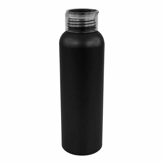 A drink bottle made of black aluminum with a clear screw-top lid and a sleek design. Branding is present.