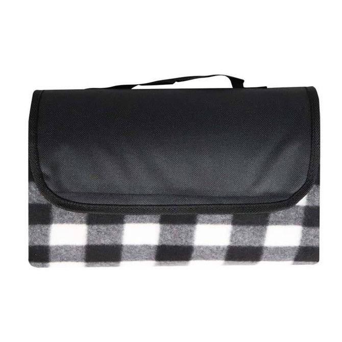 A folded picnic blanket featuring a black and white checkered pattern with a black carrying handle.