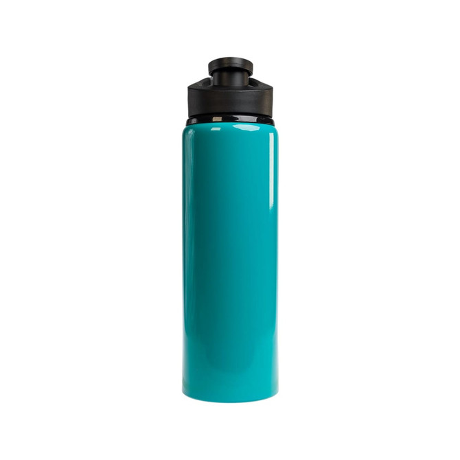 A drink bottle in a vibrant turquoise color with a black free flow lid and a sleek design.