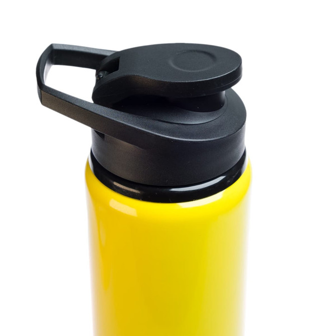 A drink bottle in vibrant yellow with a black free flow lid and an ergonomic handle.