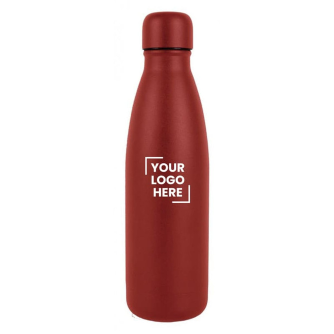 A drink bottle in a matte red finish, featuring a simple logo on the front.