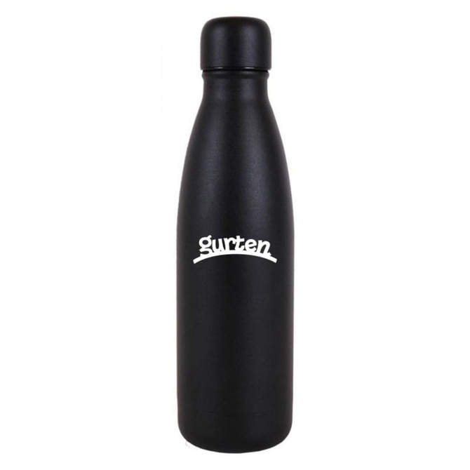 A drink bottle with a sleek black design and a white logo. The bottle has a 600ml capacity.