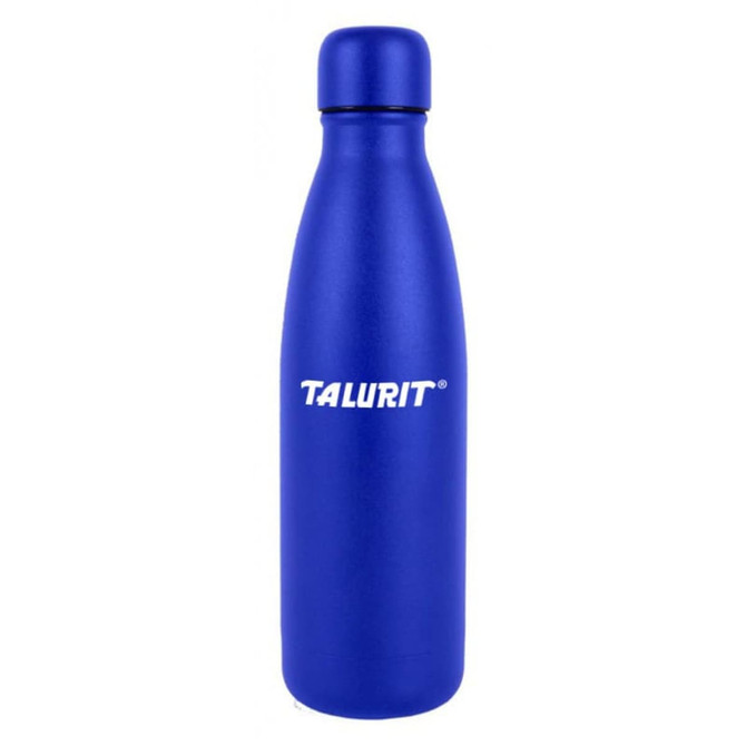 A drink bottle in a matte blue finish with a sleek, elongated design and a logo on the side.