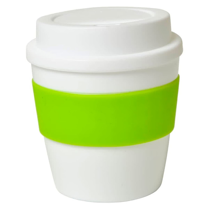 A drink bottle with a white exterior and a green silicone band, featuring a lid. It has a branding logo.
