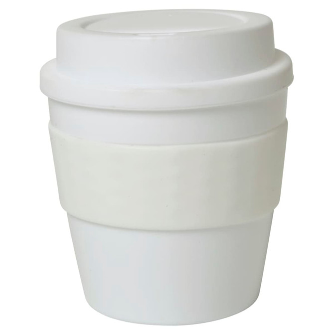 A white 235mL cup with a white silicone band and a lid, featuring a logo.