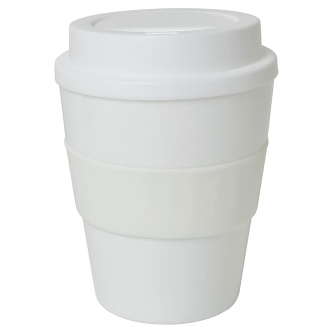 A drink bottle in white with a silicone grip band and a snug-fitting lid. Features a logo on the side.