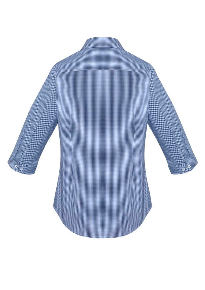 A women's button-up shirt in blue and white check pattern with 3/4 sleeves and a back yoke. Features a logo.