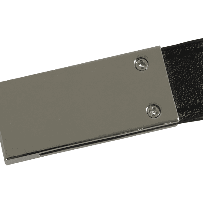 A close-up of a Hudson leather keychain, featuring a black leather strap and a metallic clasp with two screws.
