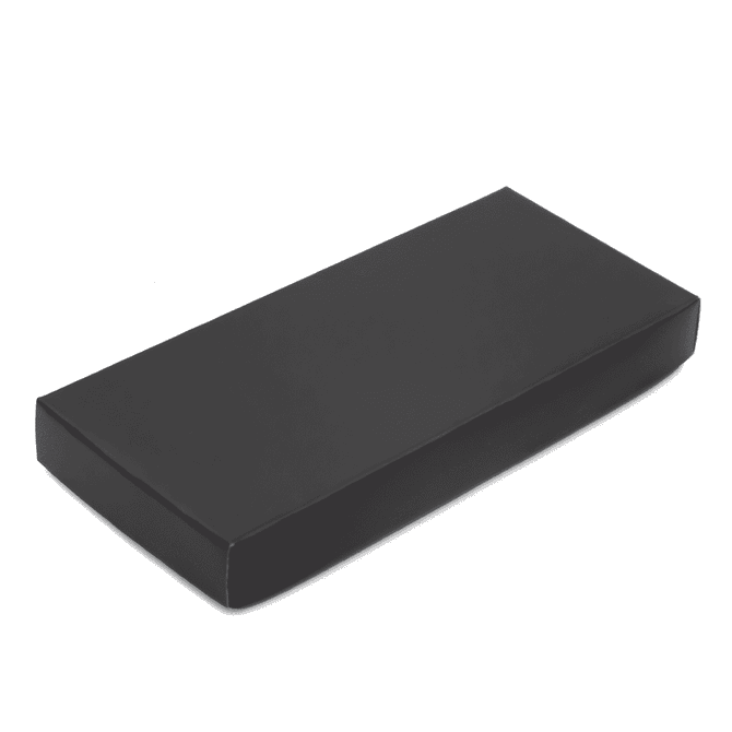 A rectangular black box with a smooth finish, designed for packaging or presentation.