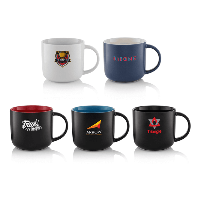 A collection of coffee mugs in white, navy, black, and red, featuring various logos.
