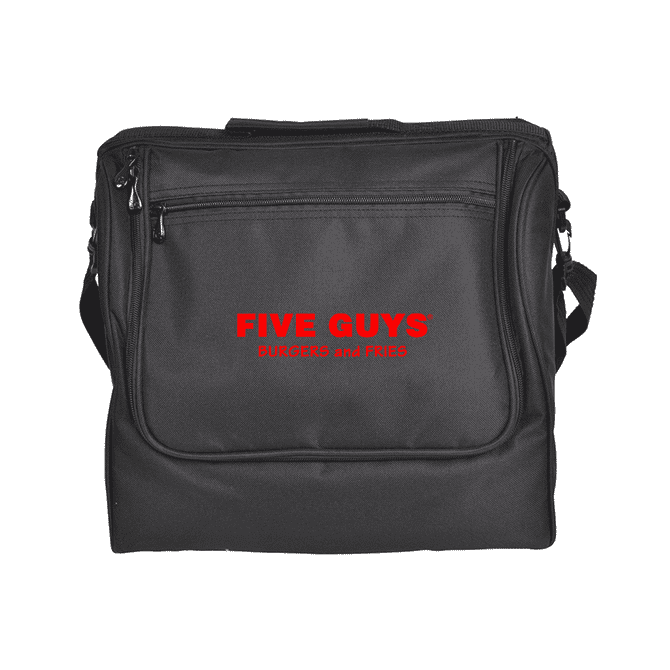 A black picnic basket with a shoulder strap, featuring a red logo and zippered compartments.